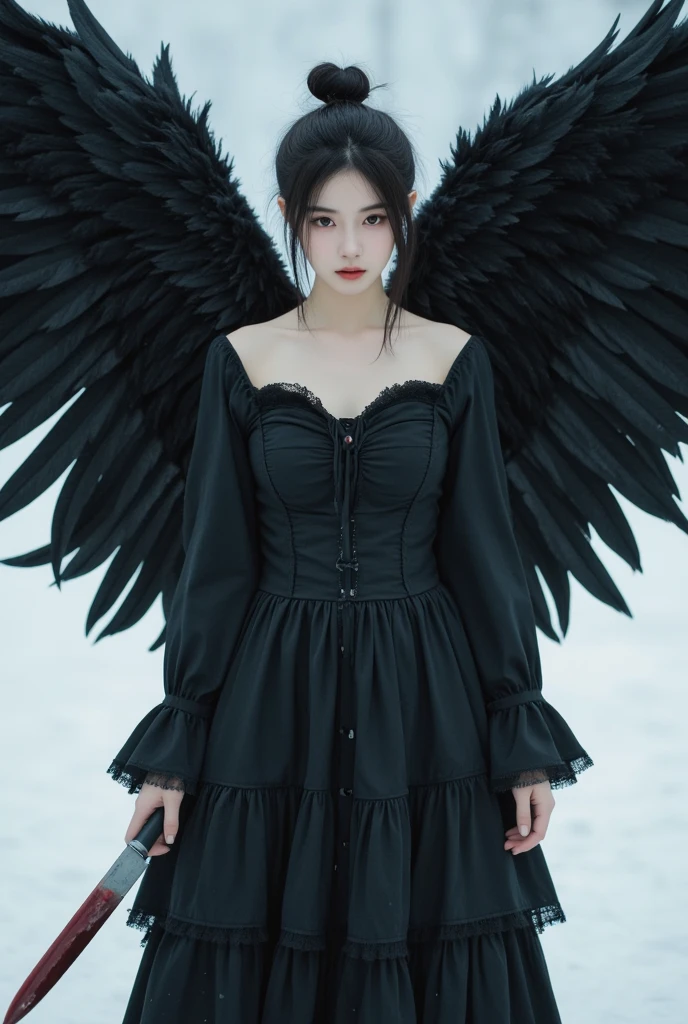 (((flying in the sky))),An illustration of a girl with the appearance of a fallen angel. She has dark, feathery wings with tattered edges and a melancholic expression. Her long hair flows freely, with a few strands falling over her eyes. She wears a gothic-inspired outfit, featuring a dark dress with lace and intricate details. The girl's eyes are a striking color, and she has a subtle aura of sadness and mystery. The background is dimly lit, with a soft, ethereal glow that highlights her figure, adding to the overall otherworldly and mystical atmosphere.
