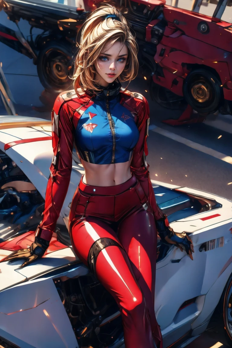 (masterpiece), (top-quality), sunset, natural lights, ,(realistic:1.5), Sydney Sweeney as a Stunningly beautiful race queen, latex minidress, curvaceous, short_skirt, long_blonde hair, tanned, wearing a skintight top, cleavage, sexy, sensual, hazel eyes, smiling, sexy pose, athletic, looking at viewer, eye contact, stunningly beautiful 20 years old race queen, sunset, detailed pitlane in background, sportcars in background, detailed formula 1 paddock in background, dynamic pose, action pose,alluring, seductive_pose, natural lights, cleavage, athletic body, medium breasts, upper body, mid shot, masterpiece, detailed, mature, bright colors, high saturation, stunningly beautiful girl, precise hands, determined expression, serious, courageous, brave, Clear eyes, Shining eyes,, ultra-definition, Top resolution, soft lightning
sultry look, seductive,