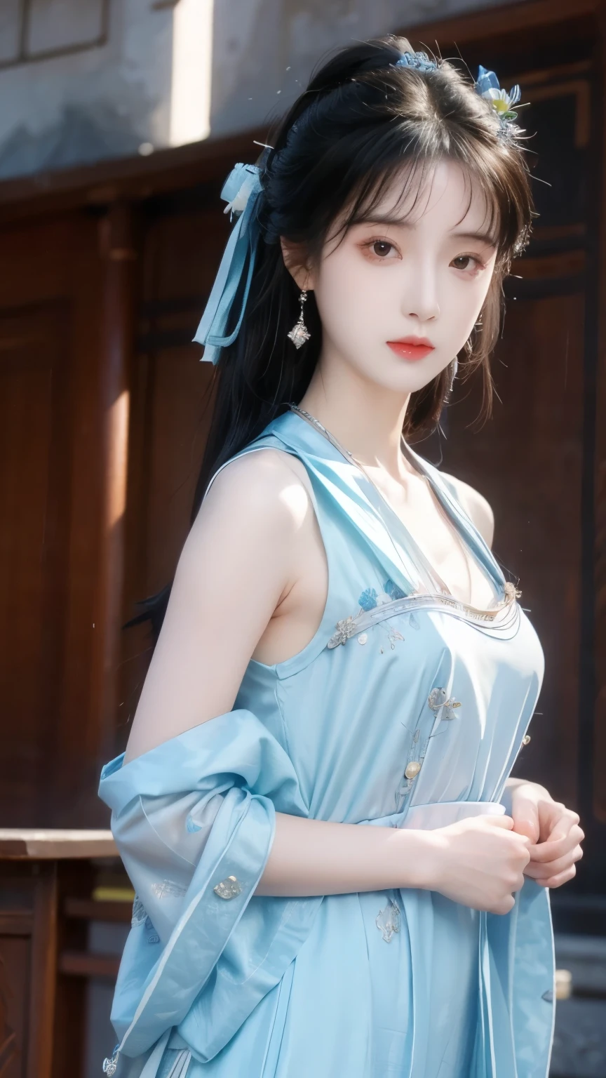 ( masterpiece, highest quality:1.2), 8,000, 85 mm, original photo, confuse, hair, Blue Hanfu , Delicate girl,shiny skin, , watching the audience, HDR, clear focus, Twilight Sky , shiny skin, small eyes and face , brightly colored background, earrings、 necklace、clavicle、Straight long hair、Straight hair perm 、Big breasts,