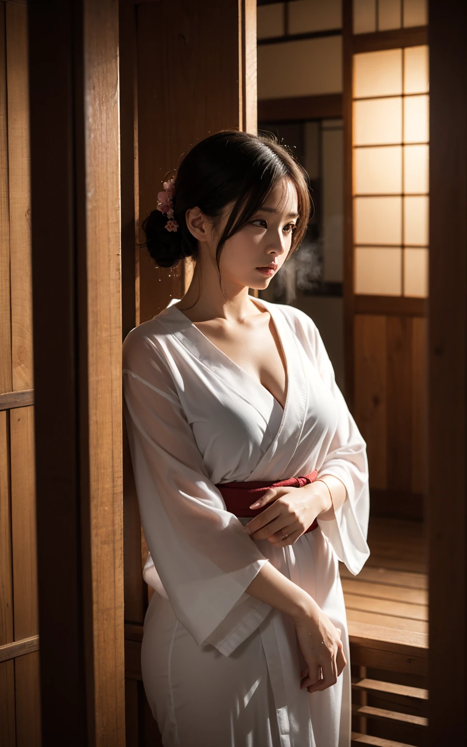(high resolution、high quality、High resolution、detailed、8k、masterpiece）、超A high resolution、(Photorealistic:1.3)、RAW Photos、((Ultra-Realistic Details))、Portrait、Global Illumination、Shadow、Octane Rendering、8k、Super sharp、Beautiful breasts、Beautiful Eyes、非常に複雑なdetailed、Realistic Light、CGSoation Trend、ネオンのdetailed、The light is gentle、1 girl、Bewitching Charm、Long Hair、Enchanting Japanese red kimono、An emotional presence、(A dimly lit room in a samurai residence、In the back is a Japanese garden)、((Amazingly cute))、少しsexy、Healthy Body、２２age、wide shot、full body、It feels like you&#39;re really there、Dignified、Hidden Past、sexy、smile、Glowing Skin、A pose that really gets men excited、Transcendently beautiful face、The light of the lantern