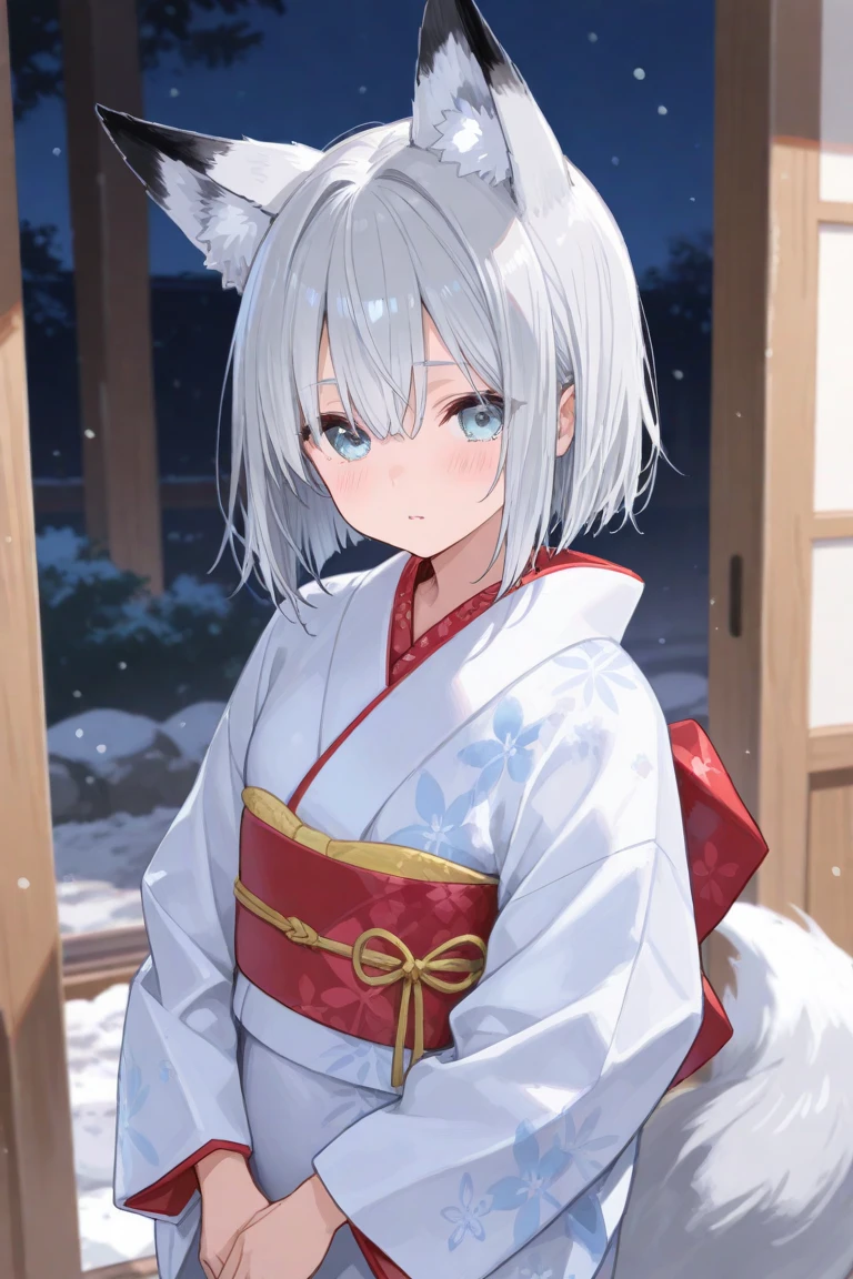 [[[ ultra-detailed, best quality, soft skin, beautiful, 4K]]] white hair,perfect blue eyes, tied-up hair, slender body, dynamic angle, white choker, white and blue upper loose kimono, white fox ears, calm expression, female, snowy palace gardens background, serious expression. walking angle, ((little horny smile)), bare shoulders,  easy like, scenery 