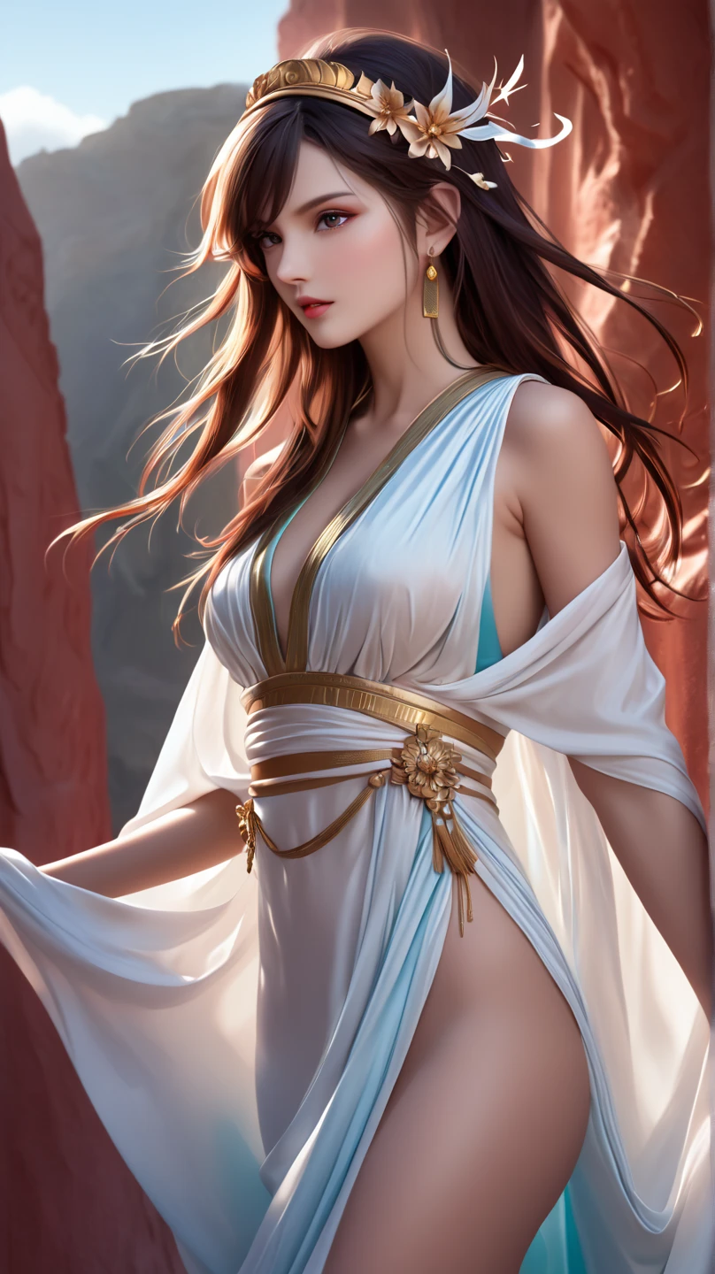 25-year-old Caucasian woman、hair color is reddish、blue eyess、Semi-long、setting hair、I'm tying my hair、My hair is wavy、completely nude woman、completely pubic hair、Fully grown armpit hair、Slender but thin macho、accessories on the wrist、wearing a chain necklace、Beautiful breasts、a smile、I need space above my head、She is wearing a transparent Delphos dress.、Wearing mules、a smile、art nouveau background