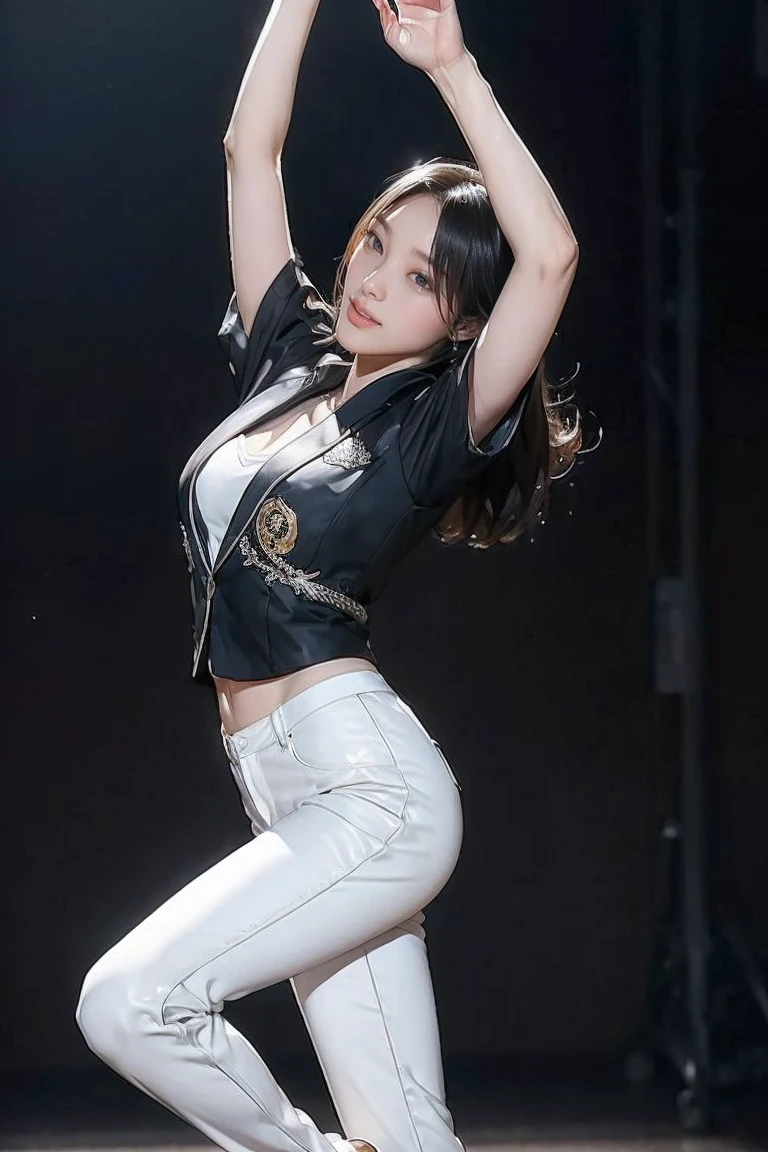 {{An 18-year-old girl in a miniskirt and white shirt is holding a microphone,}} , Execute ,{{{スカートのFrom below見えるレースのカラフルなパンティ :1.2}}} , Beldelfinn, on stage, , on stageでライブ, , whole body,Pretty face, {{Double eyelid eyeshadow}},(From below:1.3),(Look down, Watch with a viewer:1.3)