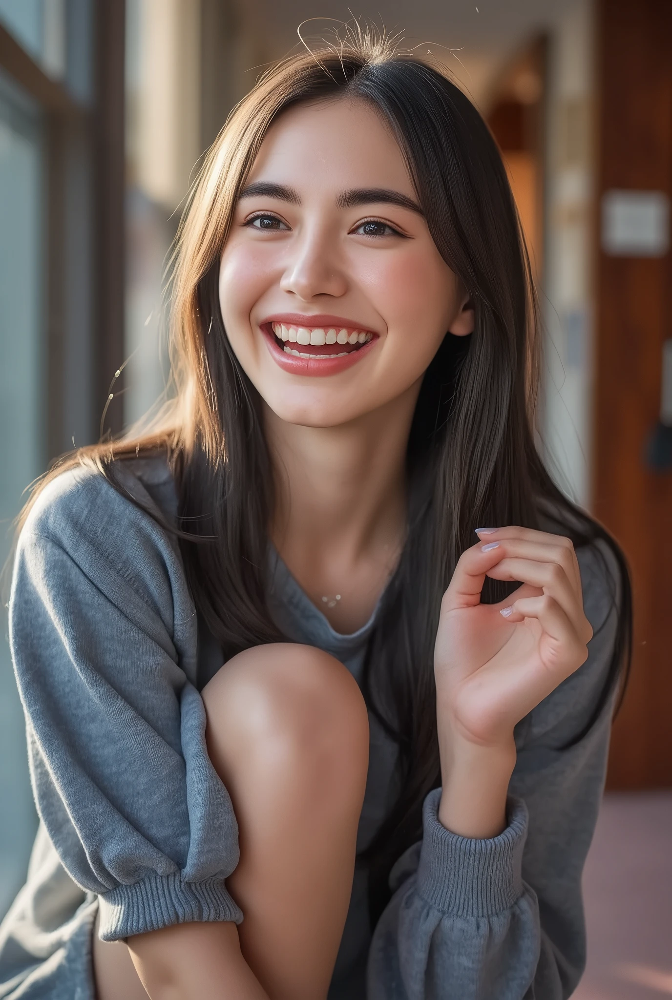 Woman Posing for Photos, laughs, happy, long hair, straight hair , VERY DEFINED SKIN, orbital space, Hot summer day, Natural lighting, detailed face:1.2, sharp concentration, Hasselblad pictures, masterpiece, light makeup, cinematic lighting for legs bent at the knee, 4K, Best Quality