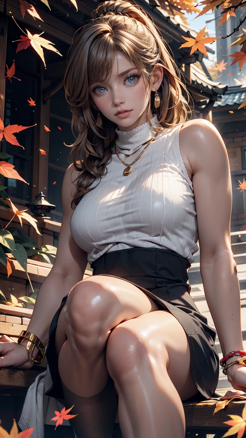 light-brown hair, small breasts, slim waist, thick thighs, shapely butt, slim body, ponytail, tight blouse, micro skirt, cleavage, necklace, seductive posture, breast squeeze, downblouse, leaning forward, park, path, trees, flowers, distant city in the background, looking at viewer