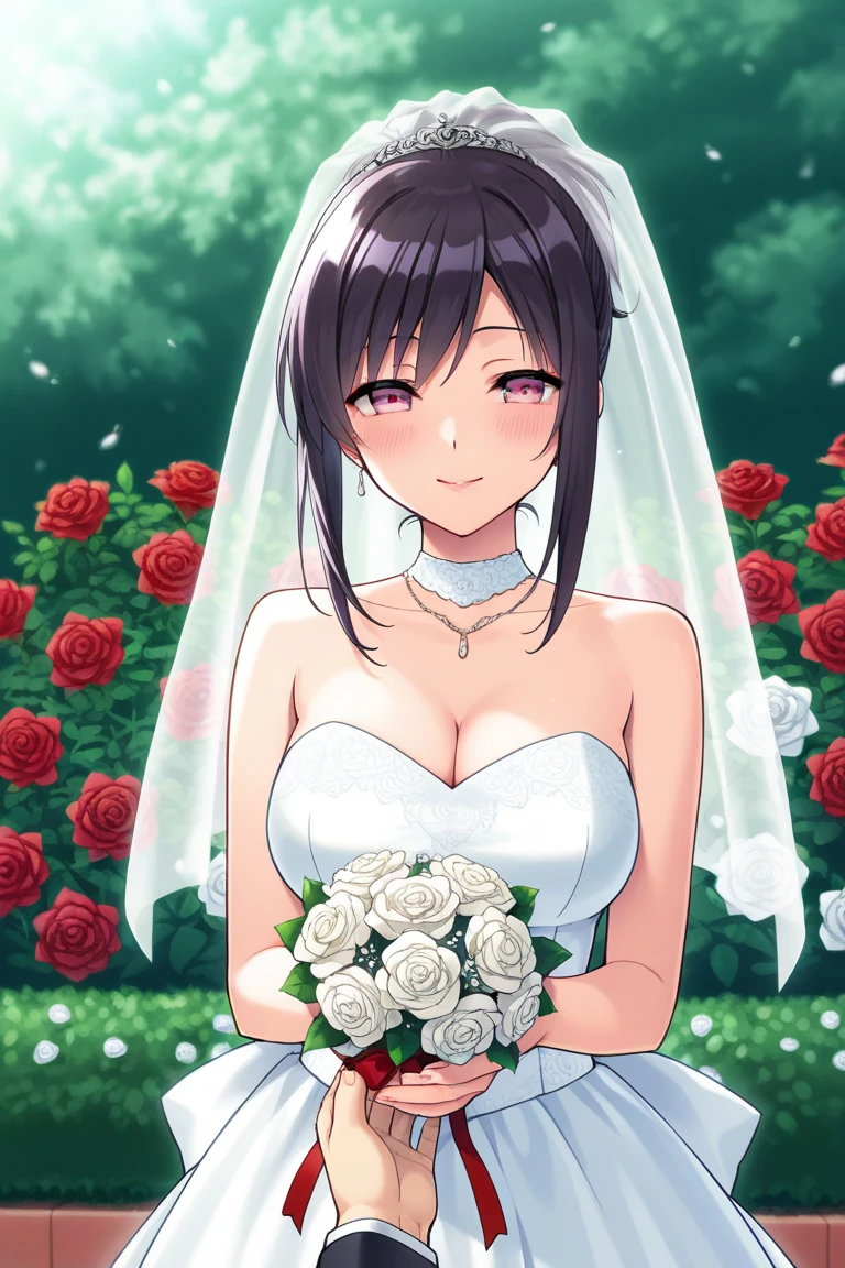 best quality, masterpiece, high resolution, 1 girl, yukino_shita,, Wedding dress , red lips, short hair, garden background,Shut up, Close-up of beautiful bride in bridal dress,Gurwitz,Blushing face,Head flower,headgear,(tube top wedding dress:1.5),(silk dress:1.2),(strapless wedding dress:1.5),pure white dress,necklace,earrings,(large breasts:1.3),Neck ornaments,Deep V peach heart collar wedding dress,Bangs,Bouquet,lipstick,(White long elbow gloves:1.3),(Bridal veil:1.2),(Transparent short veil:1.2),Bust photo,High detail RAW color art,Tyndall phenomenon,front,Half body