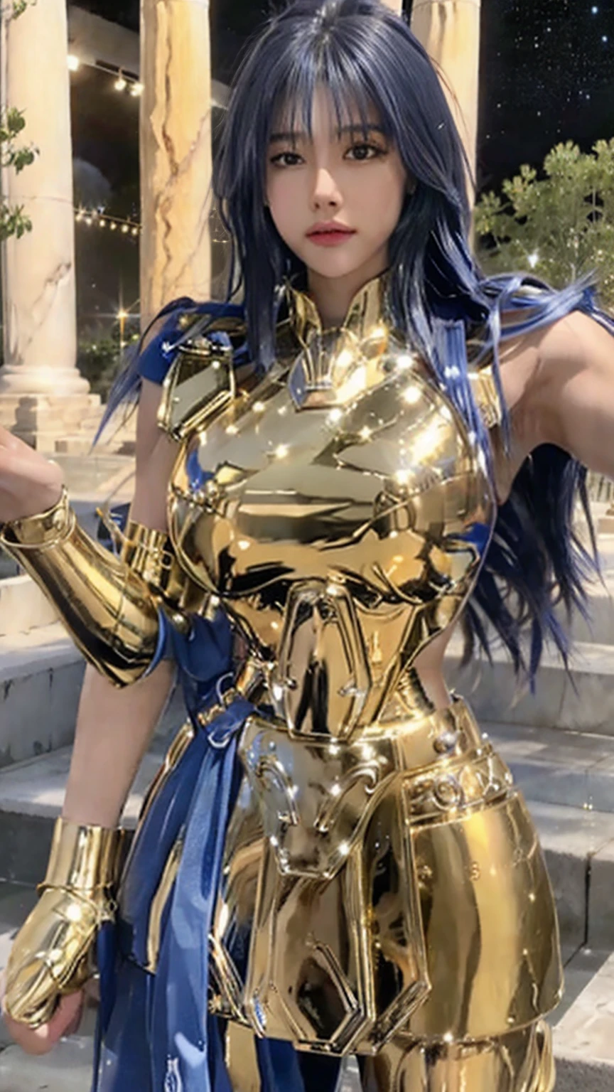 masterpiece, Highest quality, 超High resolution, Realistic skin texture, Armature, (Realistic:1.4), High resolution, RAW Photos, Shiny skin, (Detail Skin:1.2), Realistic skin texture, Best lighting, (Perfect breasts:1.3), Shine, Dramatic lighting, Dynamic pose, (Greek temple background:1.3), Night Sky, universe, milky way, One Girl, (Short Blonde:1.5), Cygnus_Hyoga, (Blue Shirt:1.2), (Helmet:1.2), Silver Plate Armor, Scapula