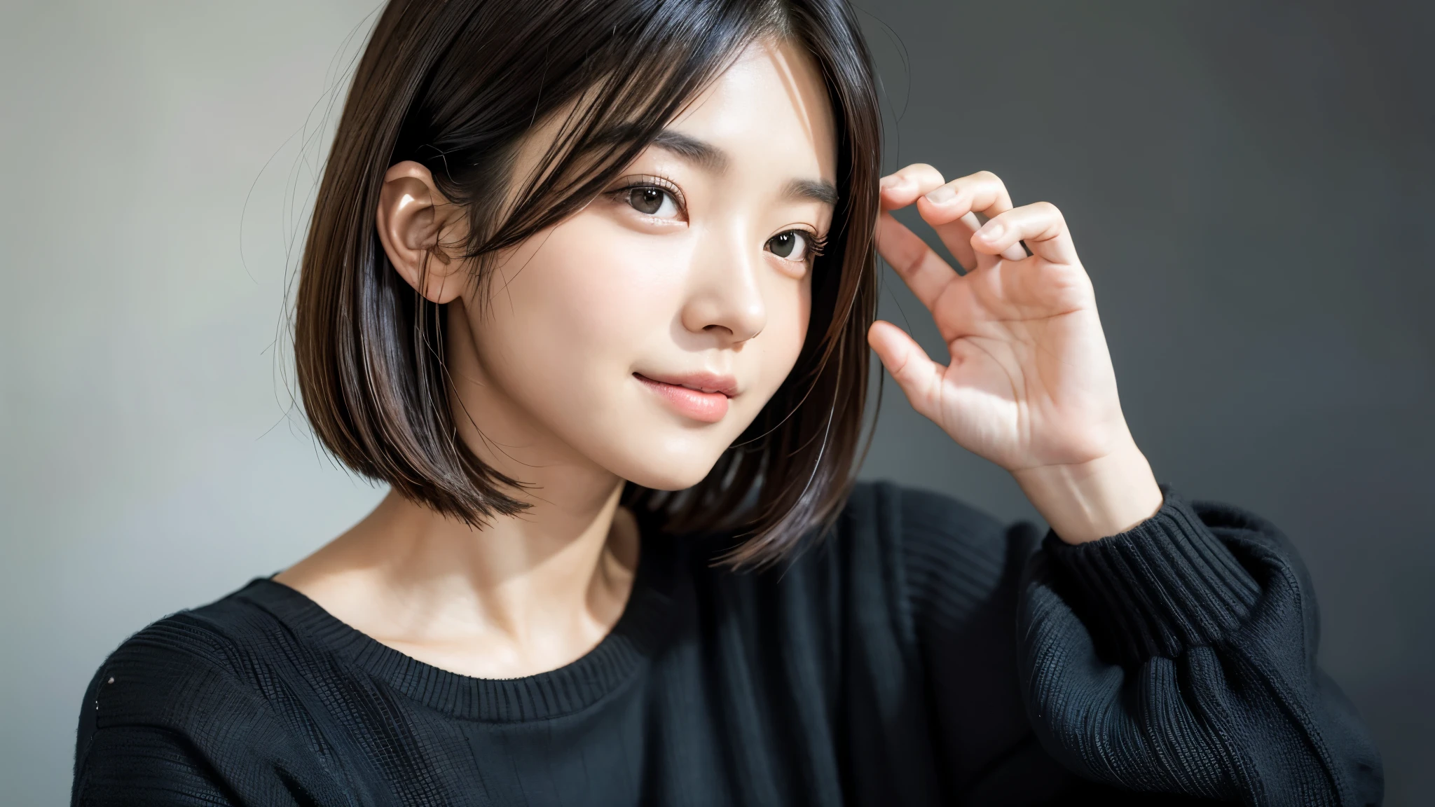 (((Close-up of face)))、(((Absolutely shoulder-length brown straight short bob)))、(((She is posing like a hair salon model, with a black wall indoors as the background.)))、(((Casual black winter long sleeves with shoulders covered)))、Half Japanese, half Korean、18 year old girl、Standing Alone、Looking forward、Light eye makeup、Brown Hair Color、Flat and 、Hair blowing in the wind、Actress Quality、Glossy, ultra-realistic face、Smiling face、Watery eyes、Gazing Up、Subtle lighting effects、 Ultra-Realistic Capture、Very detailed、High resolution 16K close up of human skin。Skin texture must be natural、The details must be such that pores can be clearly seen、The skin is healthy、Uniform tone、Use natural light and colors、A worn-out, high-quality photo taken by a model agency's in-house photographer.、smile、(((SIGMA 300 mm F/1.4,1/1000 sec shutter,ISO 400)))