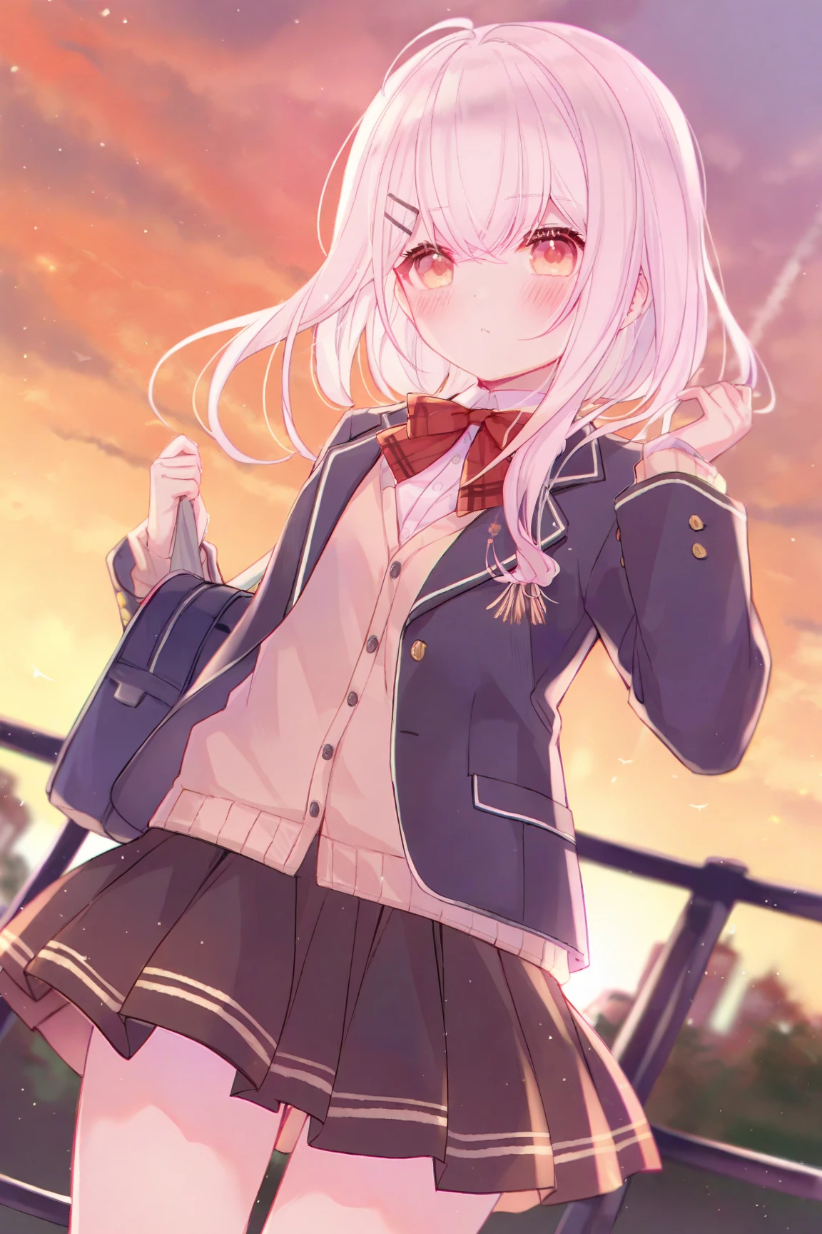 score_9, score_8_up, score_7_up, score_6_up, source_anime, thigh up, 1girl, looking at viewer, <lora:danganronpa2_nanami_ponyXL:1> nanami chiaki, hairclip, black jacket, long sleeves, two-tone shirt, neck ribbon, brown skirt, thighhighs, backpack, beach, cloud, sky