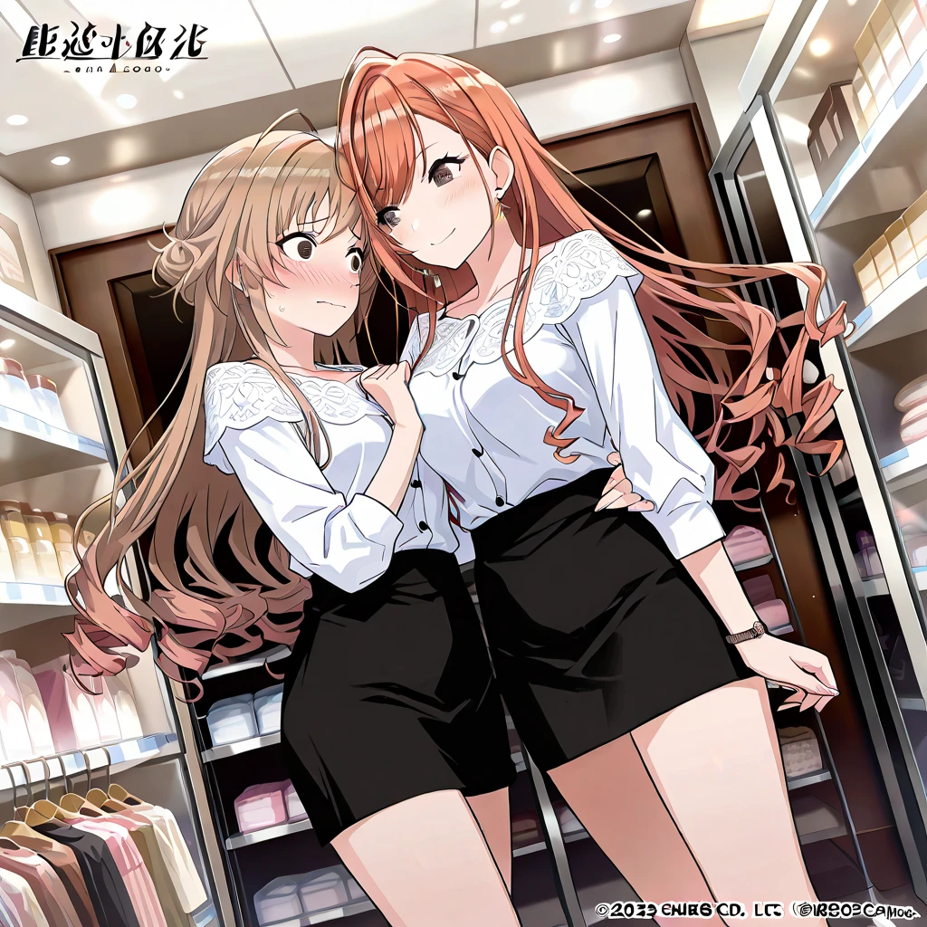 (best quality,high resolution:1.2), anime style, Cute girl changing clothes scene, (she is laughing while changing her clothes:1.4), detailed and luxurious background, Changing rooms in women's fashion stores, vibrant colors, soft lighting, Stylish atmosphere