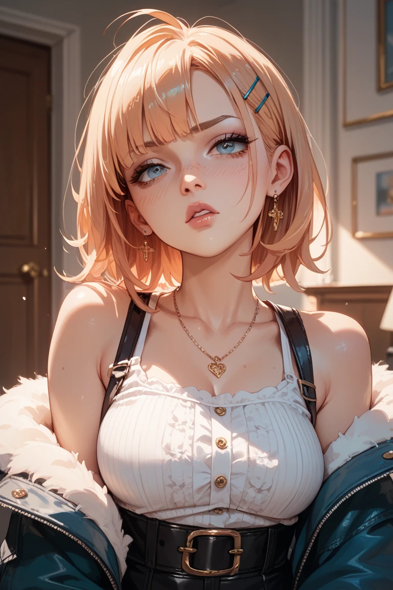(Masterpiece, BestQuality:1.3), (ultra detailed:1.2), (hyperrealistic:1.3), (RAW photo:1.2), High detail RAW color photo, professional photograph, (Photorealistic:1.4), (realistic:1.4), (Pink Hair:1.5), professional lighting, perfect anatomy, (Big Breasts:1.2), (blush, detailed face), (A happy smile:1.7), Trending Hair&Trending Hairカラーをランダムに, earrings, necklace, bracelet, sexly, erotic sexly, Random sexy gravure poses, (Sexy beauty in a beige knitted dress、Background in front of the fireplace、Relaxed smile、Relaxing pose sitting on the sofa、Form-fitting design:1.3)