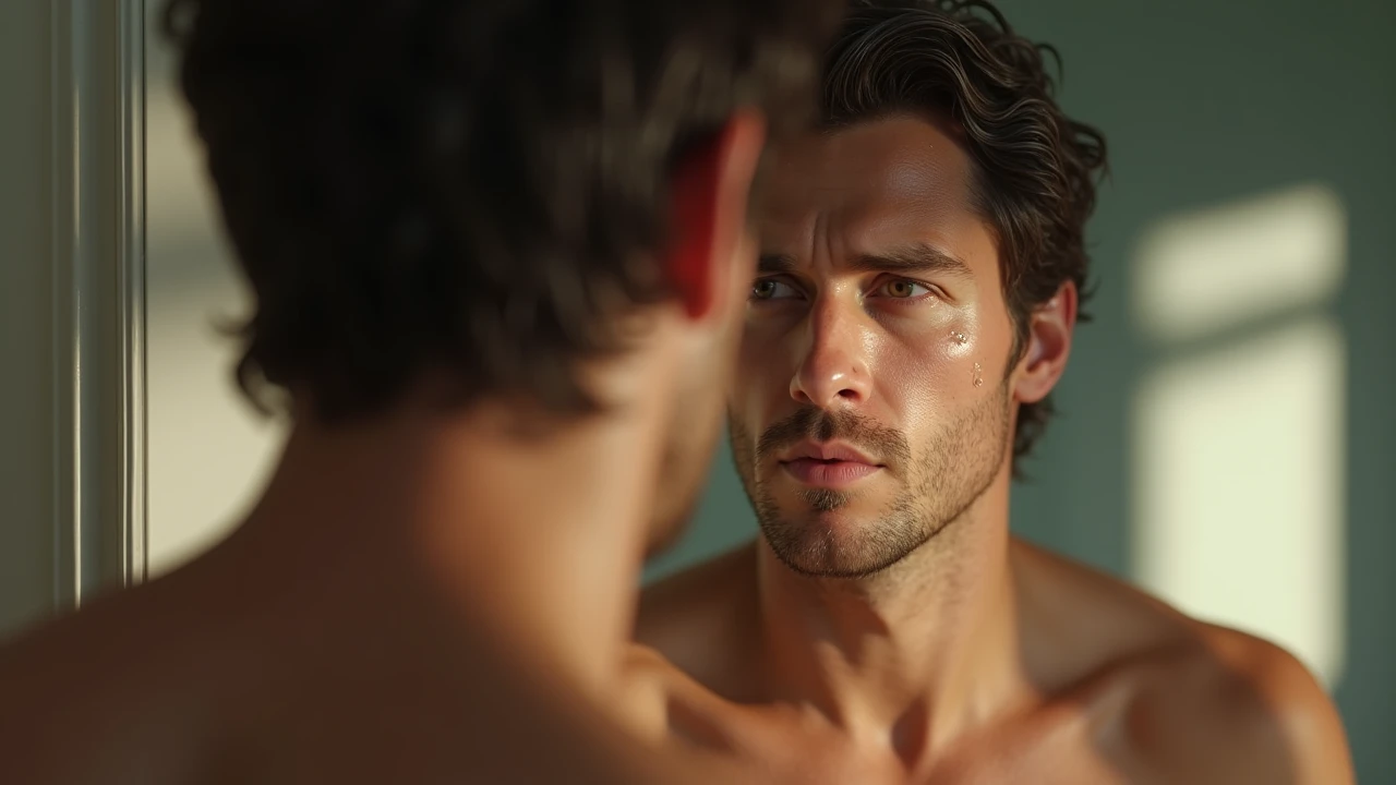 A young man thats handsome very muscular looking into a mirror looking back is his future self with money, supers cars, mansions , beautiful women 