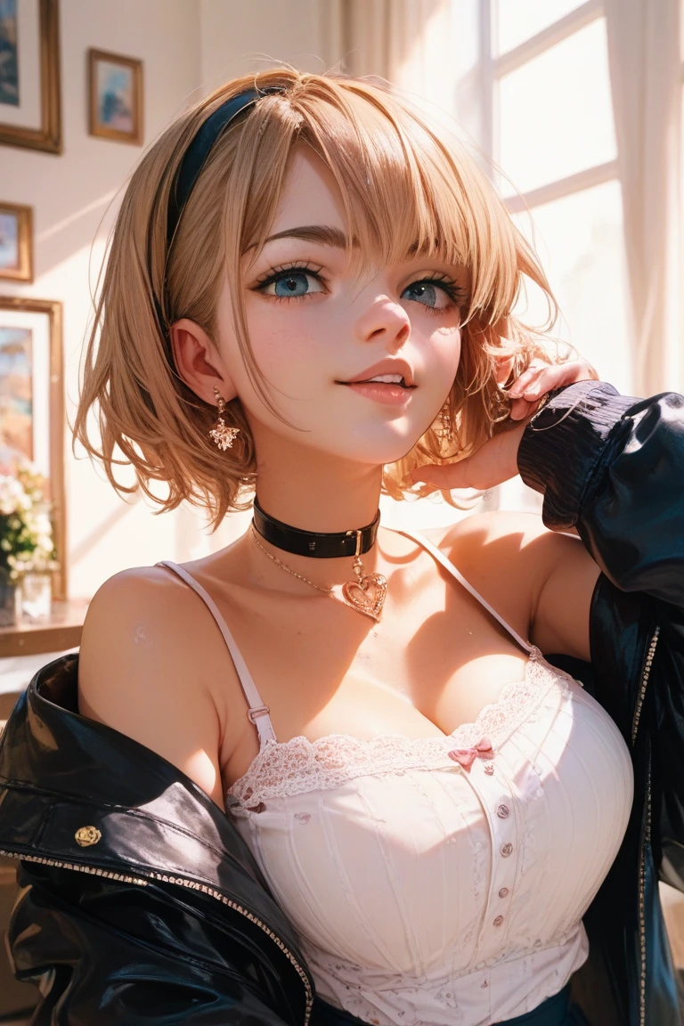 (SFW、masuter piece、Best Quality、Top image quality、high-detail、top-quality、Top resolution、Draw everything in high resolution、extremely beautiful lady、Perfect Anatomy)、Intense crystal light blue eyes、Very pale blue eyes、Smaller diamond-shaped earrings、Look firmly at the camera、Put your ears out、Short with long locks、Beautiful blonde short bob cut、a blond、Beautiful beautiful blonde short hair、Beautiful very short beautiful blonde hair with bangs、Show off all the beautiful décolletés、Beautiful 28 years old、lipgloss、long neck、A very happy smile、laughing very happily、Very cute smile、Happy、Upper teeth、Beautiful teeth alignment、Beautiful teeth、Beautie、Pretty Woman、、{Gigantic|Big big|Too big breast|huge udder|Giga Big|Big breasts that are too beautiful|huge udder|Mega} Colossal , cleavage、Very snow-white business shirt with open chest、Illuminate the light from the windowsill、slightly larger eyes、Very mature and beautiful woman、a small face、tall supermodel、Supermodel with broad shoulders、Supermodel with a very long neck、very beautiful big udder、Beautiful cleavage、Beautiful outdoor background with very blue sky and clouds、put hands on the hip、Dynamic Angle、Eye focus、Head tilt、Finger to mouth、highly detailed realistic、Very beautiful 28 years old、 Sharp jawline、Perky big、 With a deep neckline、A sexy, View from behind、 Amazing spine、Women with long necks、laughing very happily、A smile、