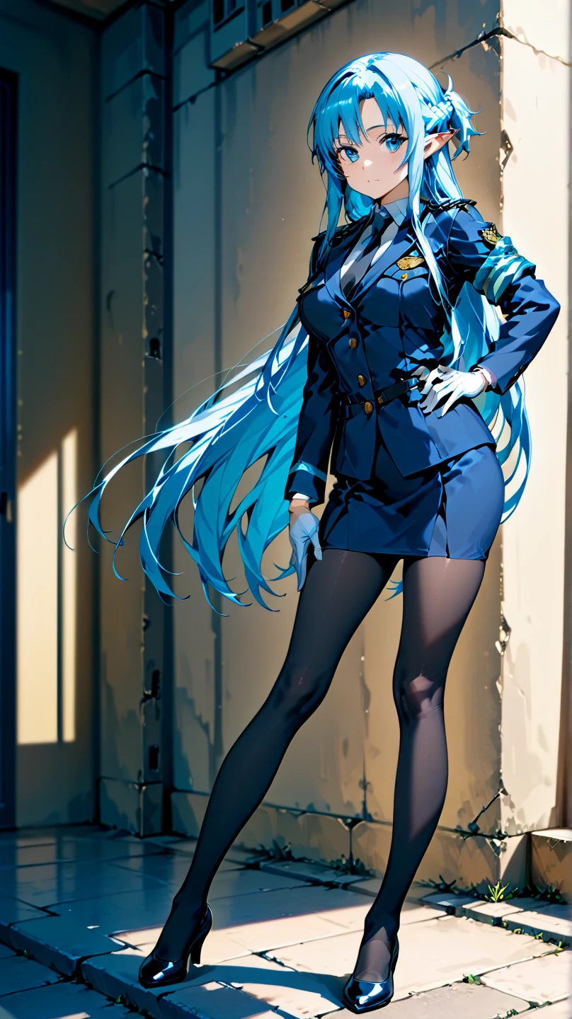 masterpiece,best quality,highres,realistic,<lora:Esdese:0.6>,esdese,long_hair,hat,peaked_cap,blue_eyes,blue_hair,choker,very_long_hair,military_uniform,thighhighs,tattoo,full body,from below,