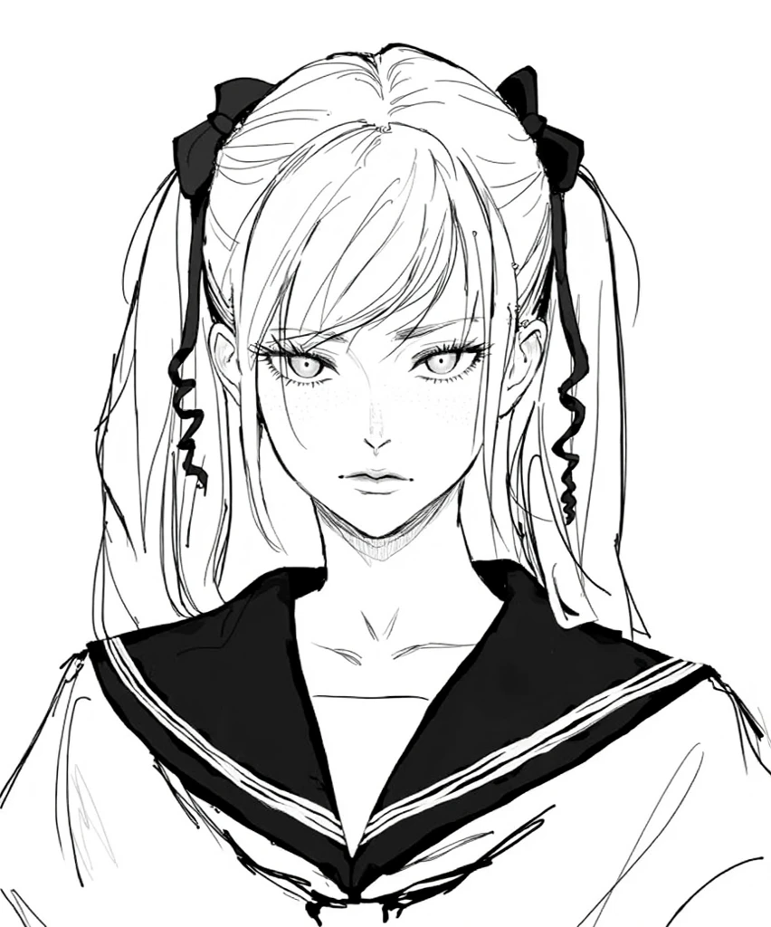 a girl, about 20 years old, hair with ponytail, sensuous, black andwhite, Dash, 80’s, comics style, Miro Manara, Le Clic