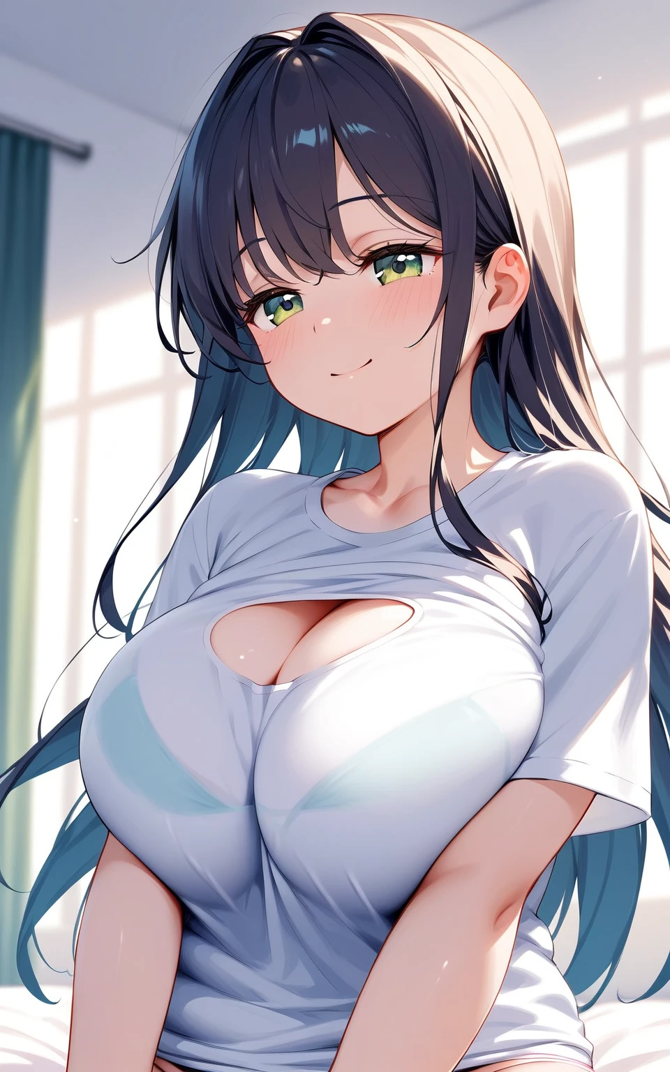(masterpiece), best quality, expressive eyes, perfect face, insane details, (((loli, young))),(((busty breast))),((big breast, huge breast)), (( cleavage)), ((kawaii face)), (gyaru), (kogal), (blue hair), ((green streaks)), ((embarrassed, blushing)), (((seductive look), (seductive smile))), ((looking at the viewer)), (ultra tight cotton button shirt, short small pleated skirt), bedroom, hd, uhd, hdr, 4k, 8k Resolution, close shot, cowboy shot.