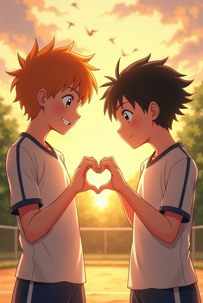 A side view of Kageyama from Haikyuu standing, with Shoyo Hinata's feet resting on his stomach. Kageyama is gently holding Hinata's ankles, positioning them on his abdomen. Hinata is wearing his Karasuno High School volleyball uniform and white socks that reach his ankles. His eyes, a deep, hypnotic violet, like amethysts, suggest he is under a trance. His gaze is distant and unfocused, as if unaware of Kageyama's presence. His signature orange hair is slightly tousled. Kageyama, slightly older, gazes down at Hinata's feet with a knowing smile, as if sharing a secret. The scene is bathed in soft, warm light, creating a peaceful and intimate atmosphere. The artwork should be in the style of the Haikyuu anime, with vibrant colors, dynamic lines, and expressive characters.
