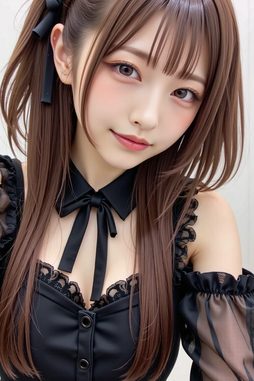 (Highest quality、4K、8k、High resolution、masterpiece:1.2)、Very detailed、(Genuine、Realistic、Realistic:1.3)、Japanese women、(Hair Color:Random)、(Hairstyle:Random)、(Breast size:Random)、(Body shape:Random)、(clothing:Random)、Heavy makeup、Gal Makeup、cosplay、seductive smile、black choker