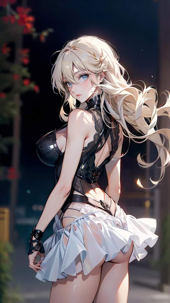 woman,,,city,night,(((white and pink tight miniskirt bodysuit))),,open mouth smile((See-through))Glasses,((Beautiful long ponytail)),((baby girl bohape))((blonde))