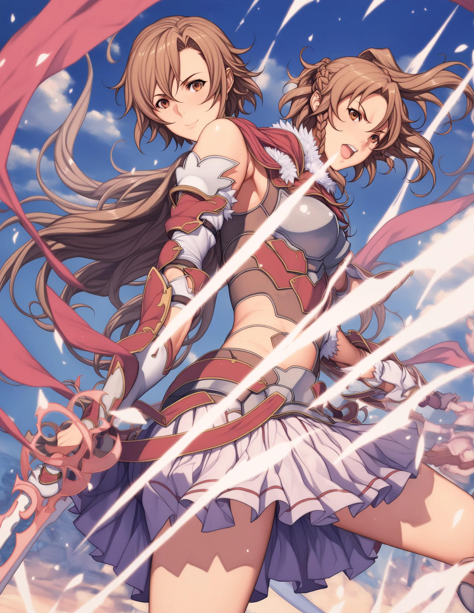 1girl,Tokai Teio, horse ears, horse girl, brown hair, long hair, high ponytail, streaked hair, multicolored hair, blue eyes, big breast, mecha musume, mechanical wing, armor girl, serious face,