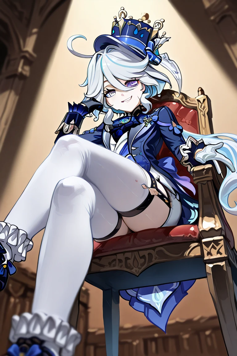 ((day:1.5)),indoors, ((extremely detailed background)),
dynamic angle,sitting,throne, (crossed legs), 
furina \(genshin impact\) 
heterochromia, top hat, short shorts, mismatched gloves, thigh strap, blue jacket, ascot, high heels, frilled socks, waist cape
1girl, solo, 18 years old,Beautiful Finger,Beautiful long legs,Beautiful body,Beautiful Nose, perfect face,(mature:1.1),(milf:1.1),(mature female:1.3),make up,parted lips,(shiny skin:1.3),(perfect female body:1.2),(gorgeous detailed skin),(detailed hair), masterpiece, high quality, highres, absurdres,(beautiful and aesthetic:1.2), beautiful hand, 4k, 8k, perfect balance, perfect eyes, expressive eyes,(extremely detailed CG unity 8k wallpaper), perfect hand,
bored,
ray_tracing,intricate details,depth of field, extremely delicate and beautiful,
(Beautiful,large breasts), (beautiful_face), (narrow waist), curvy, thick thighs,