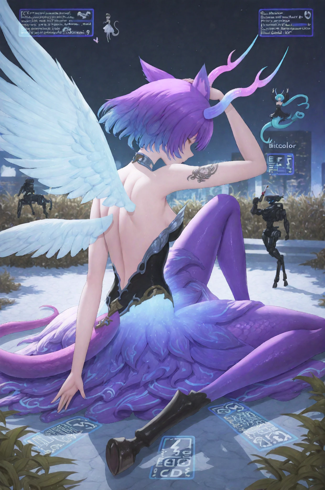 Lots of blue butterflies、Background Black、Line art、Neon LightThe overall look is dark，Blue glow, Glowing Blue, Glowing Details!, Glowing Aesthetics, Shining with Magical Light, White Glowing Veins, Glowing Details, Shimmering with Colorful Lights, Bioluminescent Skin!, with Glowing Blue lights, anime characters; full body art, Glow effect, Luminous veins, Blue light. fantasy, A cartoon girl in a glowing outfit sits on the ground. The neon on her body is the light source.
