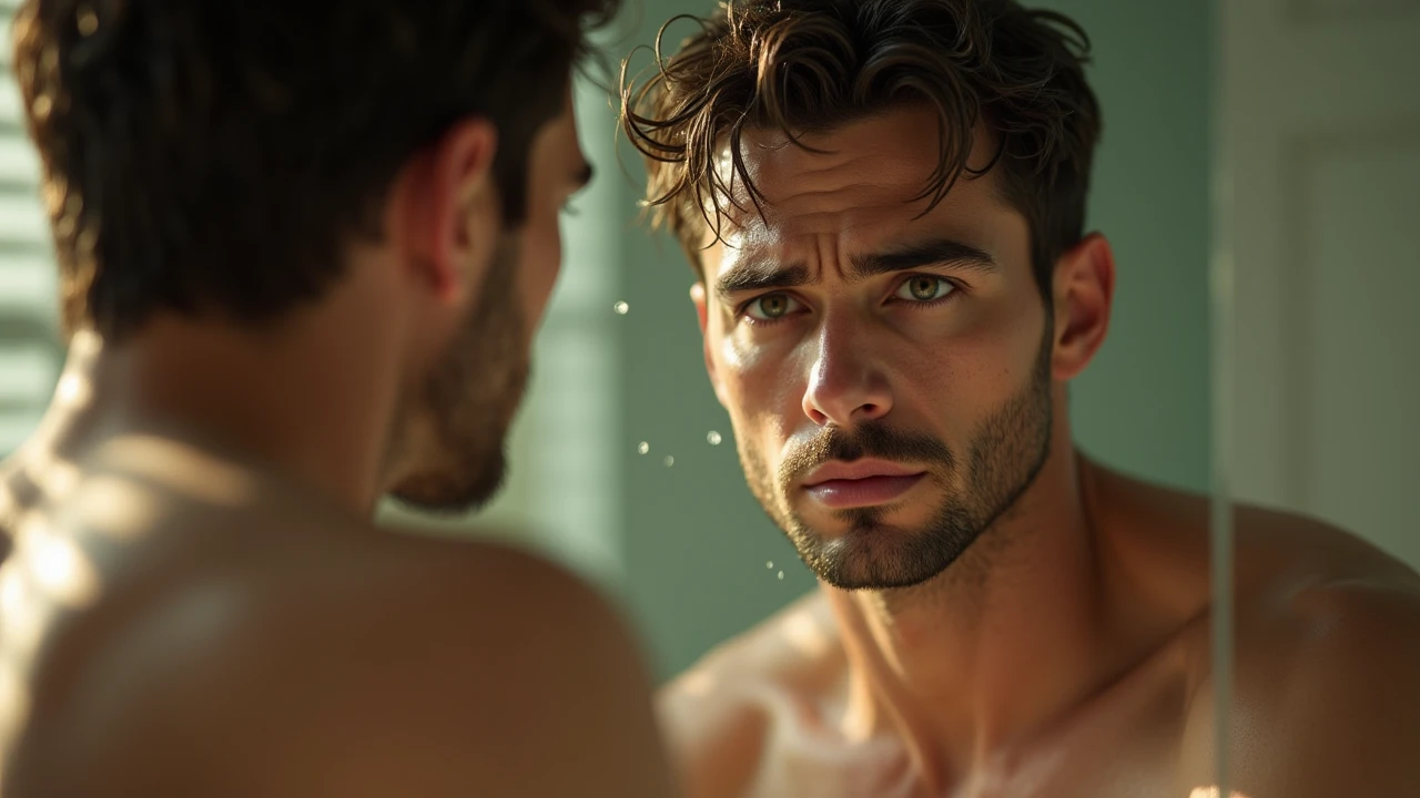silhueta de homem jovem tomando duche, head and wet face, Hidden hands, In the foreground the glass door speckled with water, 8k, hiper realista, alta resolução, alto detalhe