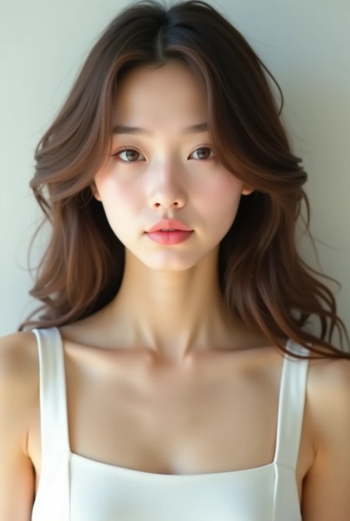 軽めのLayer Styles、human、Transparent woman、young、White T-shirt、Reduces neck volume、Fair-skinned pretty woman、No blunt ends、Layer Styles、Gourd Shape、Body is at an angle、looking at the camera、Tilt your head、
Hair down to the collarbone、Brown color、Outline of an inverted triangle、Big eyes、Smile a little、Straight hair