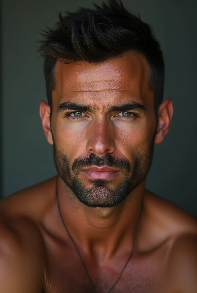 handsome man, sem beard, wearing no shirt, not very spotted, Scrawny, model-like face, blue colored eyes