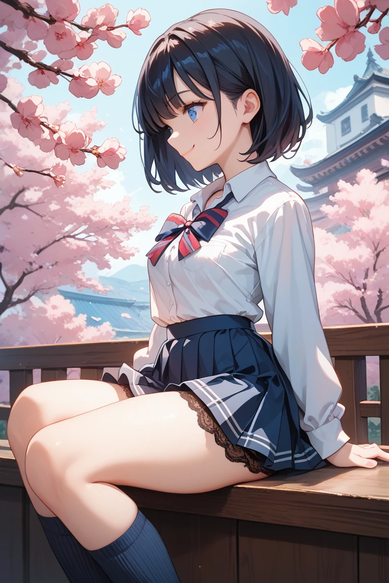​(Best quality, 8K, Masterpiece:1.3, 1 girl, solo, Beautiful girl), cute, Dynamism, Detailed face, Detailed skin, detailed clothes, Detailed eyes, Detailed lips, Detailed tongue, Detailed fingers, Detailed mouth, Photorealistic, Raw photo, highres, hight resolution, Natural lighting, dynamic pose, perfect anatomy, toned legs, double eyelids, tear bags, round eyes, moist lips, sweaty, ecstatic face, sailor school uniforms, tie, pleated skirt, deep-purple hair, straight hair, blunt bangs, stairs, half closed eyes, wet clothes, cherry blossoms, from below, wind, navel, looking back, grin, open legs