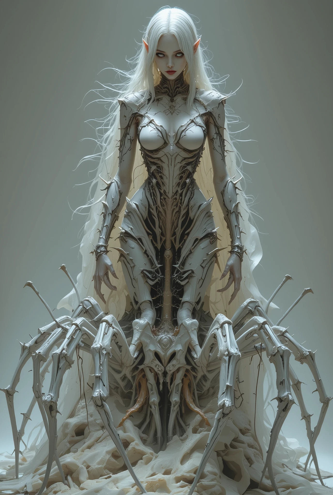 best quality,4k,8k,highres,masterpiece:1.2),ultra-detailed,realistic,photorealistic:1.37,this creature, a terrifying fusion of spider and human female with six arms, embodies a grotesque harmony of two distinct forms. Its upper body retains the unmistakable features of a woman, albeit distorted by the merging process. its eyes gleam with a sinister intelligence, more arachnid than human. (no hair, white skin:1.3),
From the torso sprout four additional limbs, elongated and jointed like a spider's, yet retaining a disturbingly human fleshiness. These arms are equipped with fingers that end in sharp, chitinous claws, capable of rending flesh with ease.
The lower body is a fusion of spider and human anatomy, with the abdomen stretching out behind like that of a monstrous arachnid. Jagged spines protrude from its exoskeleton, each one a reminder of its unnatural origins. The legs, a grotesque combination of human thighs and spider's hairy appendages, provide both agility and strength, enabling it to skitter across surfaces with alarming speed and grace.
In its presence, one cannot help but feel a primal fear, as if staring into the abyss where human and arachnid merge to create a nightmare incarnate.