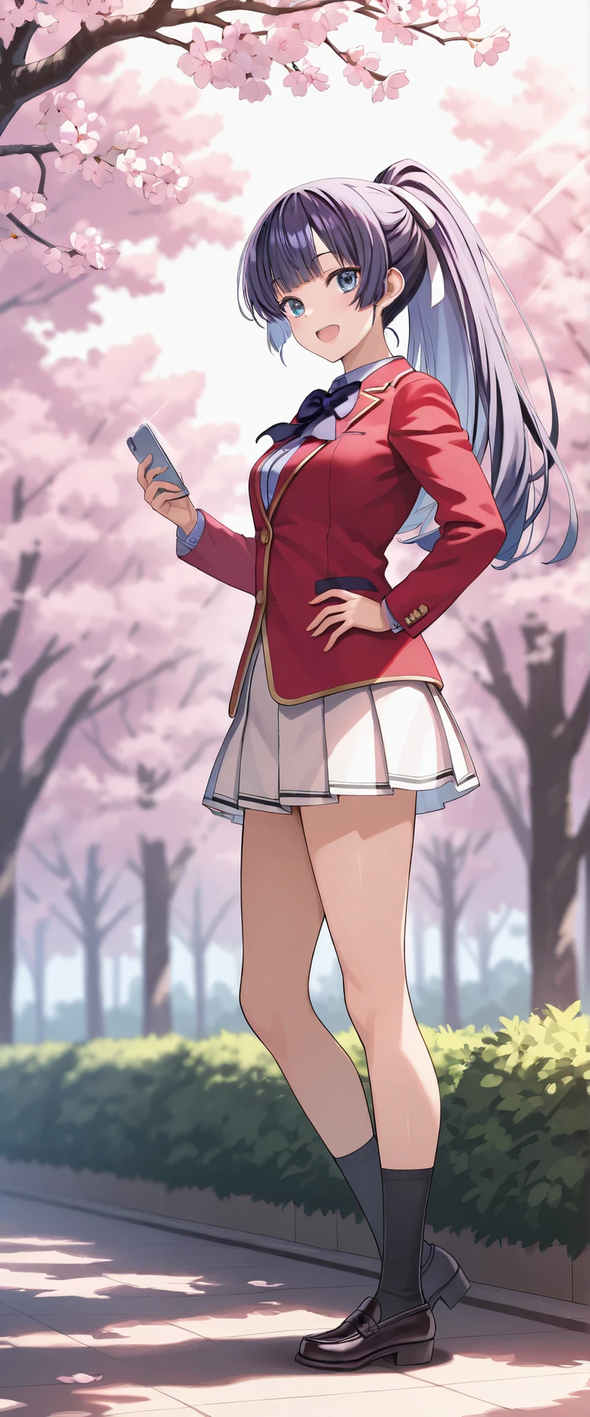 score_9_up score_8_up score_7_up, mako amikura, 1girl, ponytail, long hair, hair ribbon, purple hair, blue hair, ribbon, bangs, high ponytail, white shirt, red blazer(buttoned blazer), collared shirt, white skirt, bowtie, medium_breasts,socks ,loafers, 1girl, solo,standing,hand on hips, have a smartphone ,outdoors, day, sunlight, from side, smile, open mouth, glossy lips,masterpiece, best quality, absurdres, cherry blossoms, looking viewer