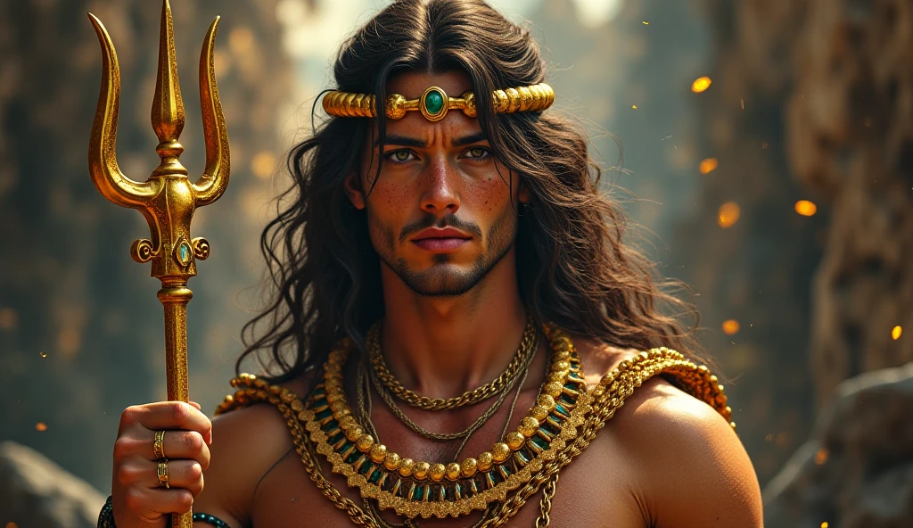 "Create an image of a man inspired by the zodiac sign Leo. He should have a wild and mystical appearance, with an imposing and regal posture. His expression should convey both fierce strength and enigmatic wisdom. The man should have thick, voluminous hair reminiscent of a lion's mane, with a color that suggests shimmering gold or deep auburn. His head should be human. Adorn him with tribal jewelry and symbols, including a lion-shaped pendant or tattoos, and a crest with the face of a lion prominently displayed on his clothing or armor.
Dress him in clothing that combines elegance with primal elements, such as a fur-lined cloak or garments with intricate patterns. The setting around him should evoke a sense of ancient power and mystery, perhaps a mystical jungle or a majestic, otherworldly landscape with hints of gold and fiery hues. Incorporate elements like glowing runes, ethereal lights, or a full moon casting an enchanting glow. The lighting should highlight his powerful presence, casting dramatic shadows and illuminating his eyes with an intense, almost supernatural brilliance."