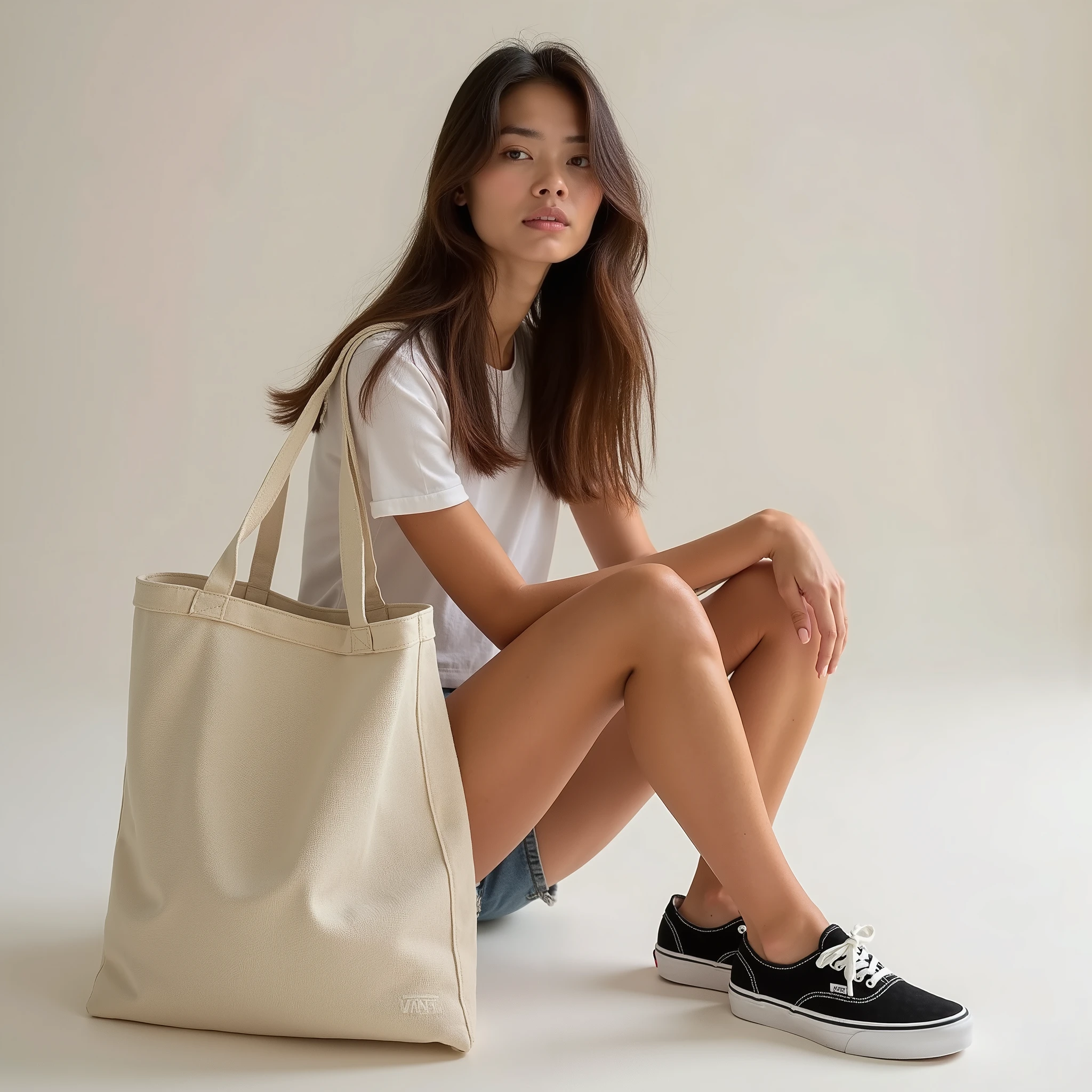 A beautiful skinny brunette woman with straight hair, Sitting wearing a long t-shirt, shorts jeans e (((Vans® sneakers))), holding one holding a white cloth bag, holding a raw cloth bag, square bag, Sustainable Materials , flat bag, holding an ecological bag, Realistic photo, advertising photo , advertisement image, photo in perspective