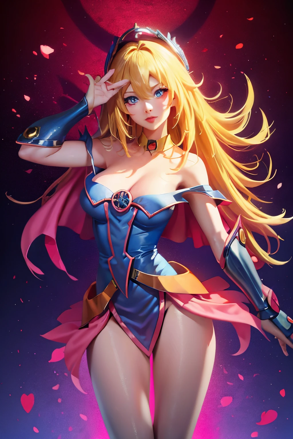 (Obra maestra:1.2), (La mejor calidad:1.2), Perfect lighting, Chica Maga Oscura lanzando un hechizo, flotando en el aire, tetas grandes, escote, desde arriba, Destellos de magia. Luces artificiales. Pose sejustiva y sexy