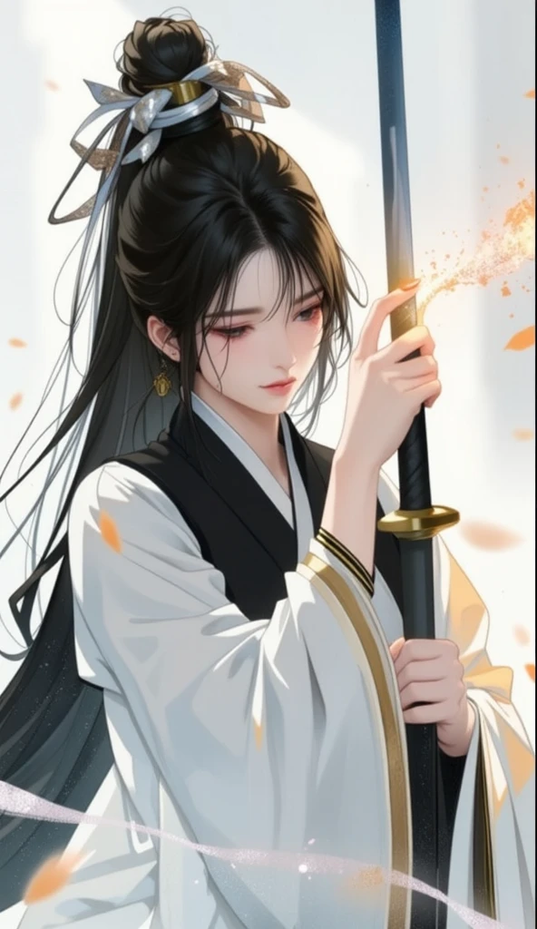 Masterpiece, best quality, night, hills, clouds, full moon, long hair, woman, silhouette, firefly, holding a sword, Hanfu, wearing a long Hanfu, cicadas,