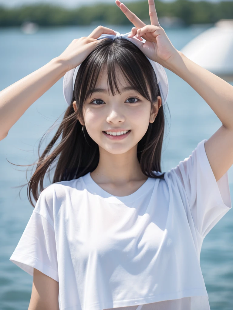 Pieces fly, Highest quality, 8K, 15 years old, Japanese Girls, thin, RAW Photos, Absurd, Award-winning portraits, (Detailed face, A shy smile), alone, A transparent white T-shirt made from very thin material、 Sailor suit, Short sleeve, Idol's face, Ultra mini skirt, Short socks, thin脚, shoes, whole body shot from the bottom of the stairs, whole body shot from a Low Angle, Detailed face), refreshing A shy smile, thin girl, Golden Shortcut, Dark Eyes, whole body, Digital SLR, View your viewers, Frank, Sophisticated, like々new, perfect whole body balance, (Low Angle), Professional Lighting, (Eye and facial details: 1.0), (that'blurred: 1.1)