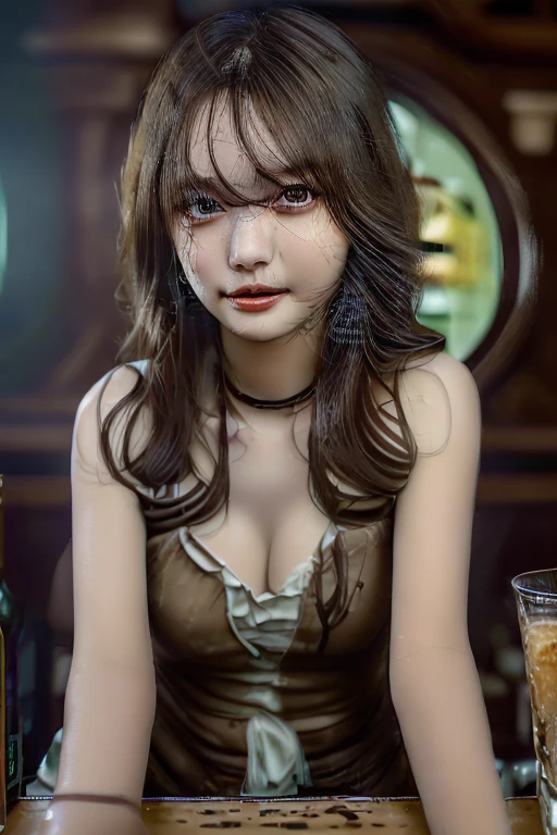 masterpiece,highest quality,Highest Resolution:1.2,Hyperrealistic:1.5,Realistic,8k Raw Photo:1.5、One girl,Big eyes,Clear amber eyes,Eye highlights,Bring a sparkle to your eyes、In the container、Cocktail Glass、Colourful and delicious cocktails、whole body、Women's Tuxedo,bartender、