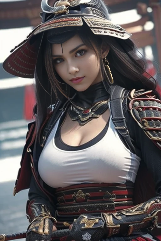 ((Unreal Engine 5)), Realistic Rendering, Excellent, (Full samurai armor), (breastplate armor), (Cloak), (samurai helm), looking on camera, standing on studio, beautiful face, makeup, CGImix, (photorealism:1.2), ultrarealistic uhd face, (huge fake boobs:1.4), (gigantic breasts:1.1), (muscle abs), (big butt), (wide hips), (thick thighs), slim waist, hourglass figure, half body, ((glowing skin)), ((shiny skin)), Realistic body, ((she is sexy body)), ((clean skin)), photorealistic, bokeh, motion blur, masterpiece, highres, 1080P, super detail, textured skin.