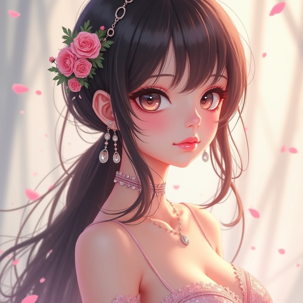A 20 year old long pink mix black (gradations) haired woman, curly hair style, pink jewelry sharp dragon eyes, white/fair skin, with black dragon horns on top of her head and pink roses flowers against her horns. looks pretty, graceful yet intimidating and terrifying. wearing a fancy greek dress which make her looks like a goddess. make it with pink flower background and in anime style. The dominant one