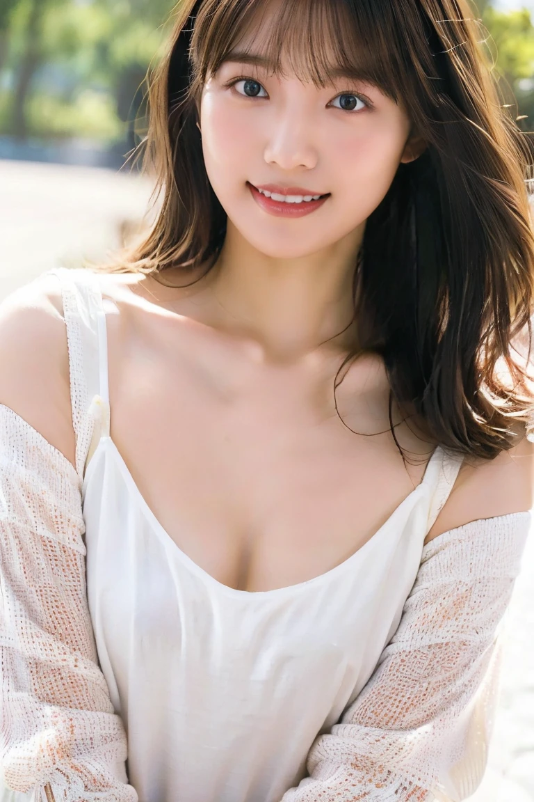 Brown-haired woman 30 years old、Dirty、Lens flare、(8K、to be born、Professional、Highest quality、masterpiece:1.2)、(Realistic、Photorealistic:1.37)、Very detailed、(Best detailed skins:1.2)、(Ultimate detailed face:1.2)、Cinema Lighting、1 female、Japanese、Brown Shortcut、(the wind is strong)、Warm White Light、A shy smile、Photographed from the front、((Highest quality、8K、masterpiece:1.3))、Beautiful woman with perfect figure:1.4、、((Dark brown hair、Big Breasts:1.2))、Very detailed face and skin texture、Detailed eyes、double eyelid、Big Breasts、Gender Wearing a plain white crew neck T-shirt Tokyo whole photo Cafe