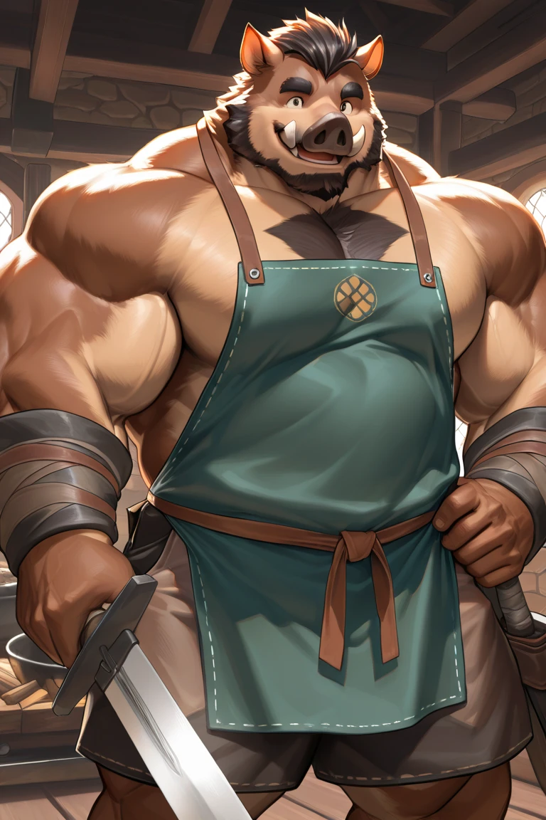 Medieval fantasy Human prisoners in an Orc village preparing animal carcasses for cooking. Sweat. Muscles. Dirt. Worn clothes. Torn clothes. Big muscles. Broad shoulders. Thick meaty pecs. Worn shirts. Bloody hands and shirt. Tusks. Crotch bulge. Bulging crotch. Growing muscles.
