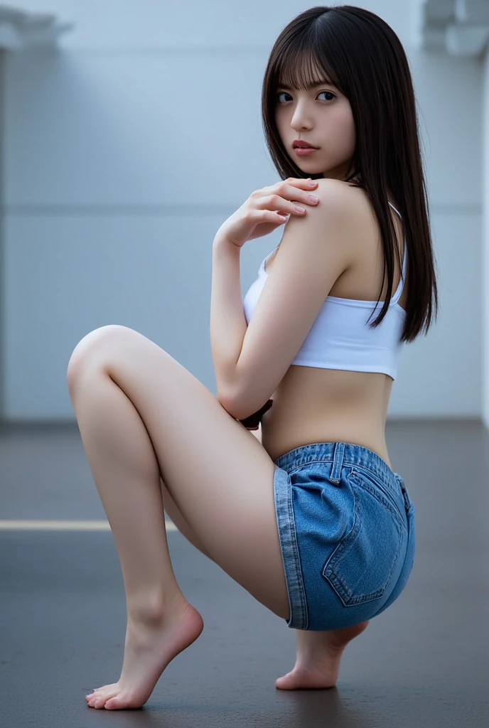 Beautuful Women,Full body photo,With his back to the camera,sat on the ground,