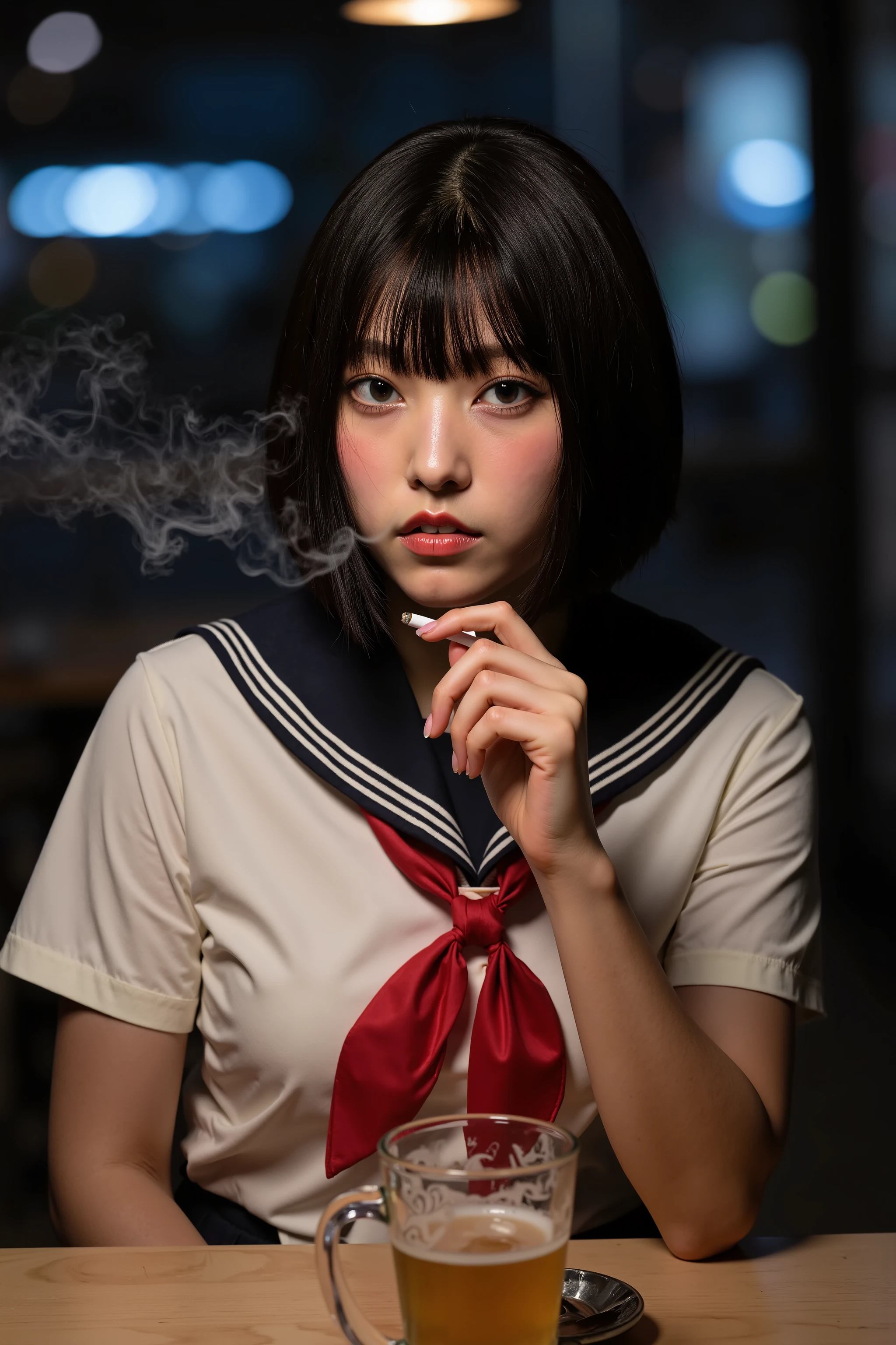 A high resolution photograph of a young Japanese woman. She wears a sailor suit with short-sleeve ivory top, navy blue collar, red neckerchief and navy blue pleated skirt as school uniform. She has flawless porcelain-white skin. Her hairstyle is short bob cut glossy black hair with blunt pattsun bangs. POV across table, She is sitting at a table in a dimly lit coffee shop. (She is a smoker, holds a cigarette in her right hand, smokes currently and cigarette smoke wafts around her:1.4). There is an ashtray and a beer mug on the table. She's looking at the camera with a glaring expression. Her face is lit by a lamp. The overall atmosphere is grim. This image depicts detailed face, detailed eyes, sophisticated nose, photo-realistic, masterpiece, best quality, intricate details, extremely detailed, cinematic lighting, detailed hands, detailed fingers and anatomically correct proportion.