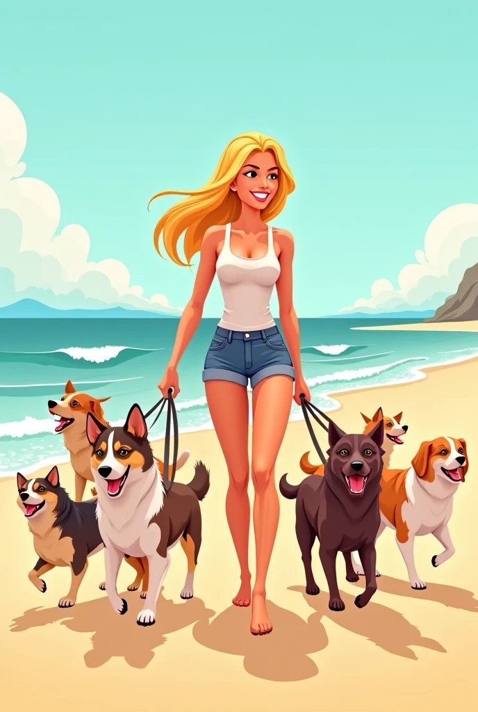 Create a cartoon illustration of two wives with their two dogs playing on the beach. The characteristics of wives are: One with wavy hair and wearing glasses and the other with straight black hair without glasses.. Dogs have characteristics: one is a medium-sized caramel-colored Pitbull and the other is a small black-haired Pinscher 