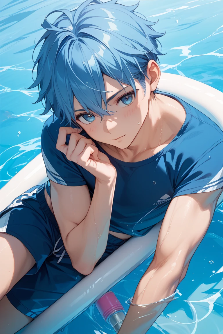 (solo:2), (boldline:-1.7), (swimming:1.5), (arched back:1.1), ((bubble)), (spread legs:1.2), (((fang))), (((best finger))), BREAK (best quality:1.5), (absolutely resolution:1.5), (ultra detailed:1.5), (masterpiece:1.5), (perfect face), (detailed face), (detailed eyes), (best eyes), (cute face), (shota:2.2), BREAK (topless:1.5), BREAK (white speedos:1.5), (swimming goggles on head:1.3), (see throgh wet clothes:1.4), (bulge:1.6), (skinny:1.3), (spiked hair), BREAK (light blue hair:1.5), (wine red eyes:1.4), (eyes with highlight:1.6), ((mole under eye)), (sweaty skin), (chuckling:1.5), ((earrings)), (shiny skin:1.3), BREAK (stadium), (pool:1.5), (sunlight), ((wind blowing)), (((nipple))), ((abs)), (groin), water splashing, from below,