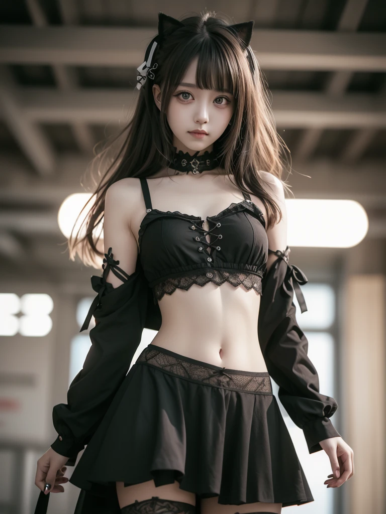 Schoolgirl in fishnet stockings and miniskirt