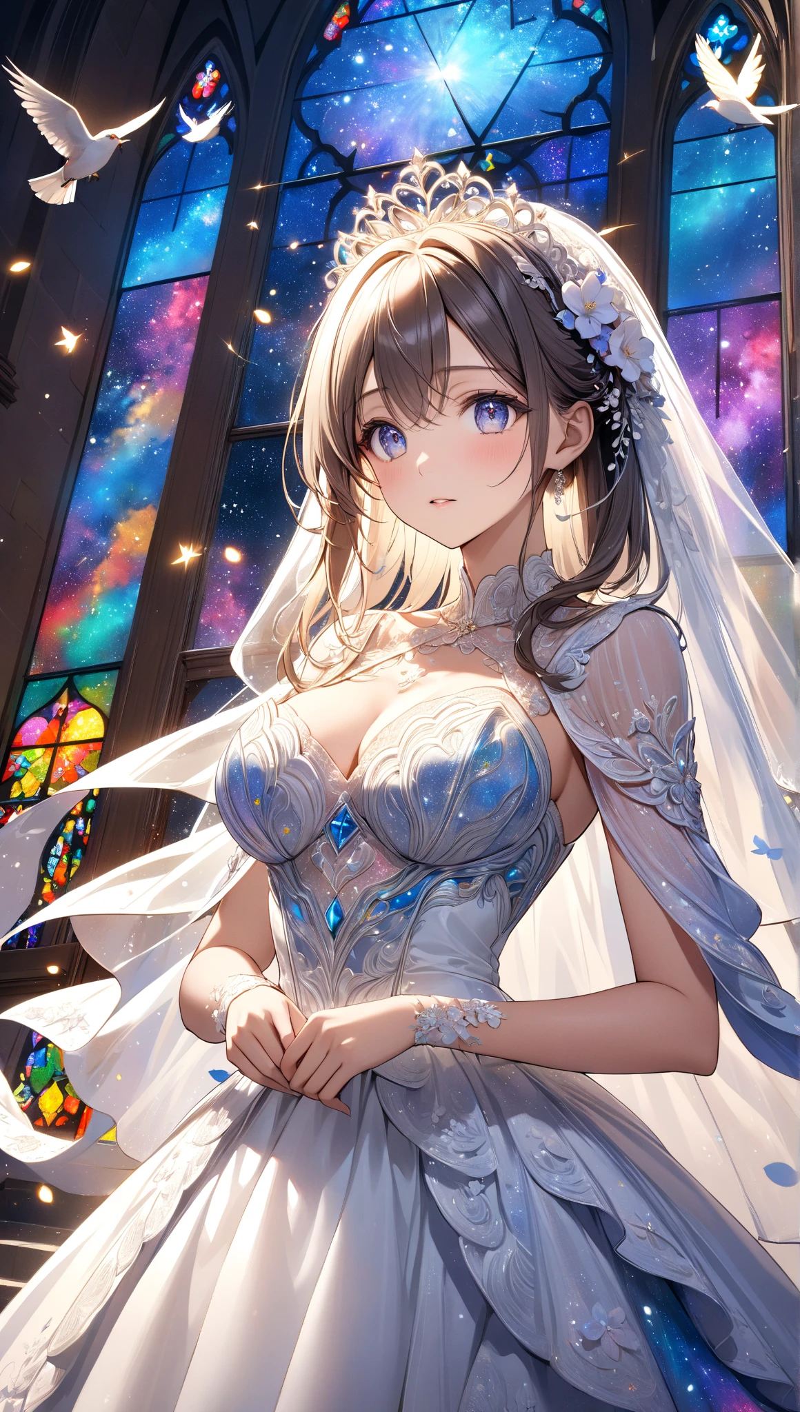 high angle, Placing hand on face, Tilting head, masterpiece、top-quality、 A 40-year-old green-eyed woman with wavy lobed brown bangs.、wearing a wedding dress、(smile:1.3)、(Staring:1.5)、is standing、background is church、Bold composition、Upper body is shown、Alone、