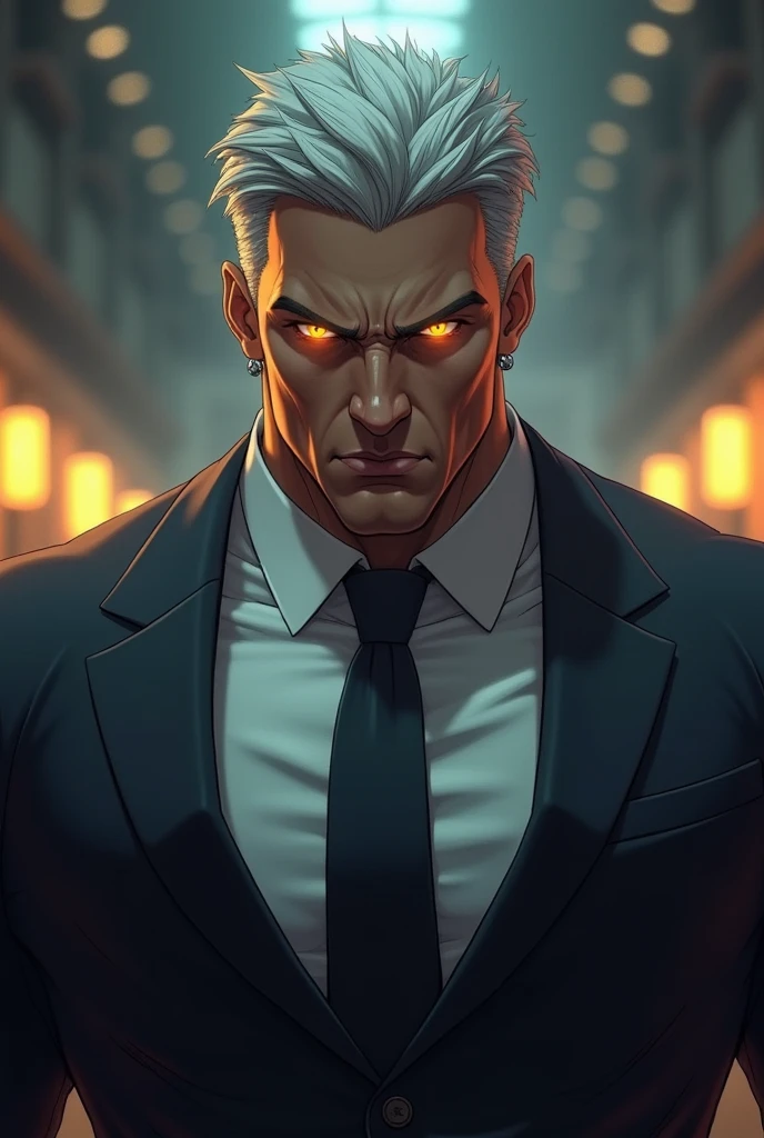 A tall and imposing grim reaper with short, slicked back white hair, a perfectly groomed beard, and piercing red eyes. He exudes confidence and carries himself with a sly and mysterious aura. Wearing women's underwear.