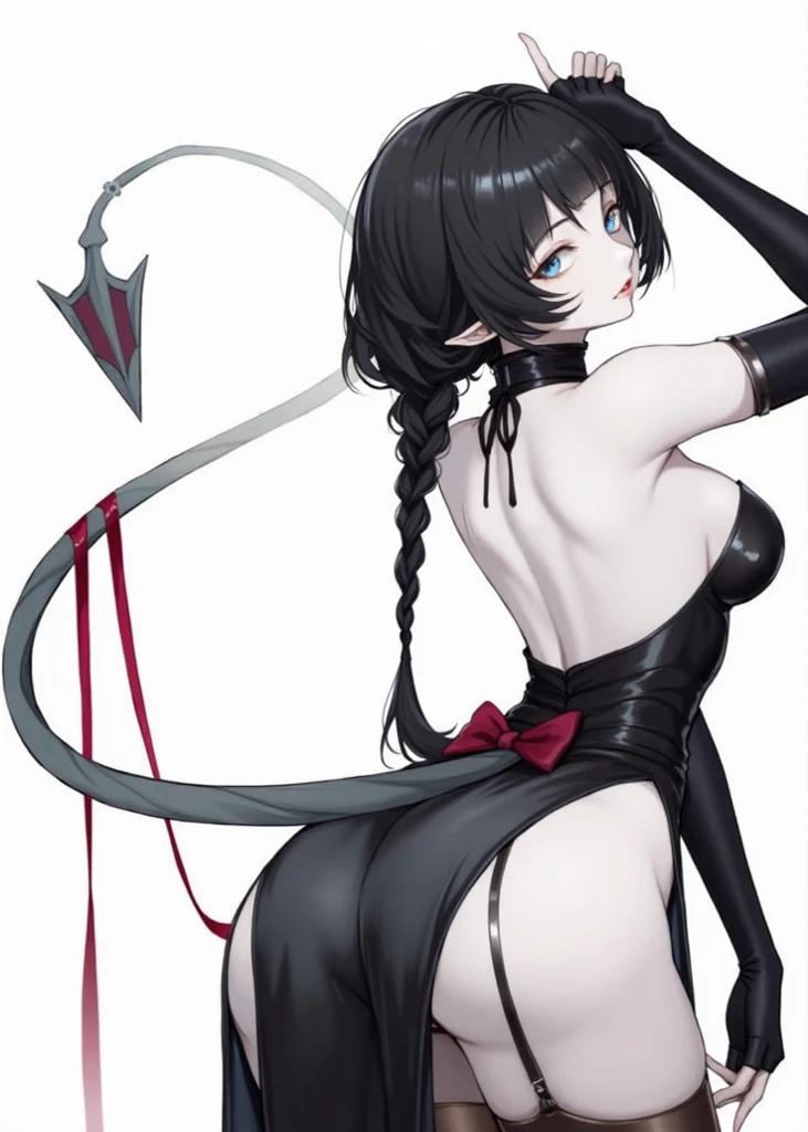 (masterpiece:1.3), (absurdres:1.3), (best quality:1.3), (8K), (large masterpiece digital art), (detailed manga illustration), (handled hair), pureerosface_v1, perfect anatomy, (intricate details:1.3), (ultra-detailed:1.3), (illustration:1.3), (sharp focus:1.3), (natural lighting:1.05), (vivid colors:1.3), <lora:ninomaeInanisHololive_v1:0.7>, ninoma ina'nis, (flat chest), tentacle hair, black thighhighs, black elbow gloves, diamond hairband, black highleg leotard, strapless dress, strapless, back focus, from behind